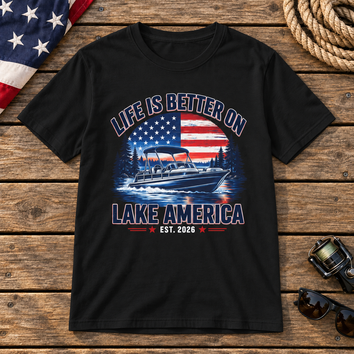 Life Is Better on Lake America boat shirt in Black on a wooden dock background