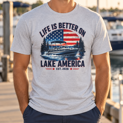 Life Is Better on Lake America boat shirt chest close-up