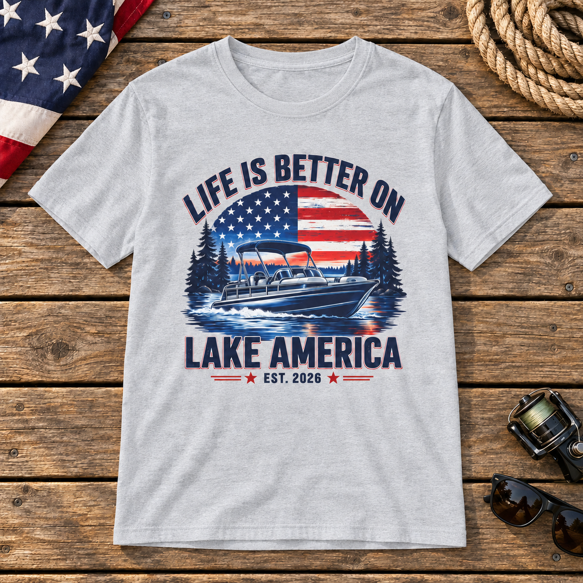 Life Is Better on Lake America boat shirt in Gray on a wooden dock background