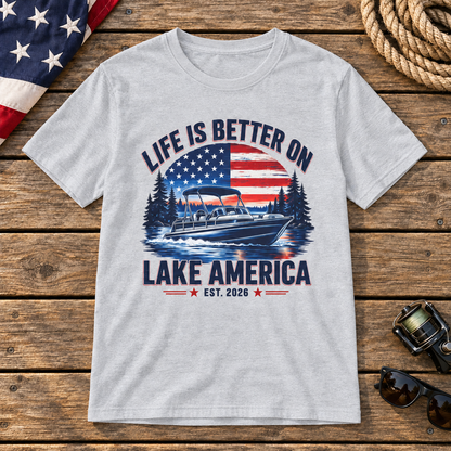 Life Is Better on Lake America boat shirt in Gray on a wooden dock background