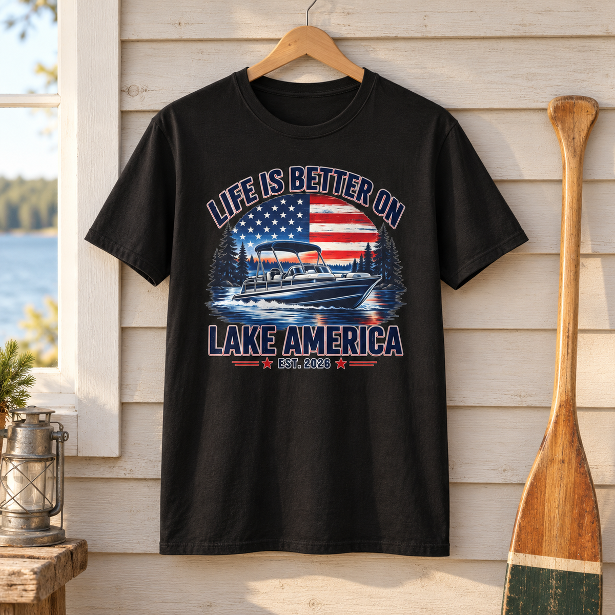 Life Is Better on Lake America boat shirt shirt-only staged mockup