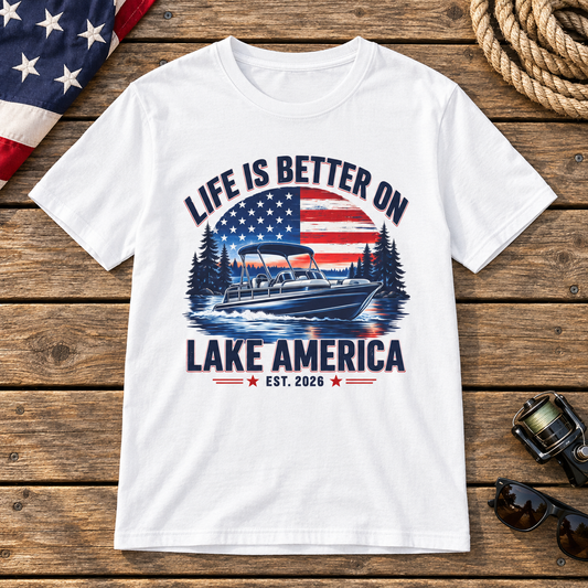 Life Is Better on Lake America boat shirt in White on a wooden dock background