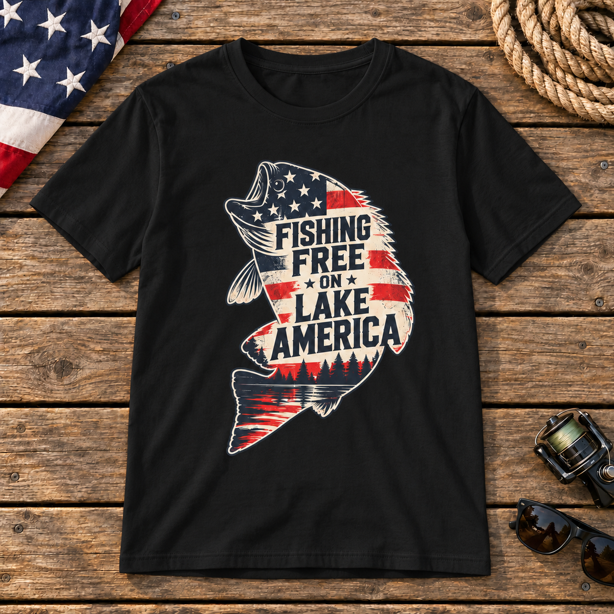 Fishing Free on Lake America bass shirt in Black on a wooden dock background