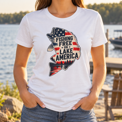 Fishing Free on Lake America bass shirt chest close-up