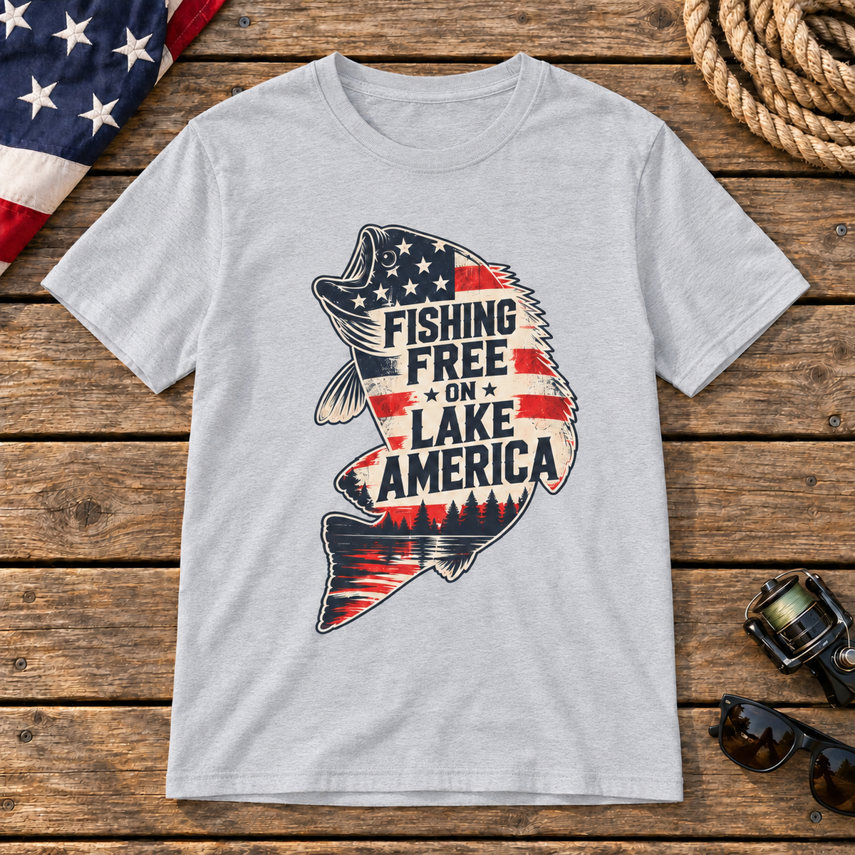 Fishing Free on Lake America bass shirt in Gray on a wooden dock background