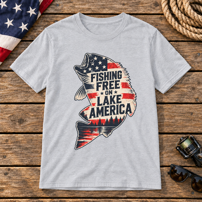 Fishing Free on Lake America bass shirt in Gray on a wooden dock background
