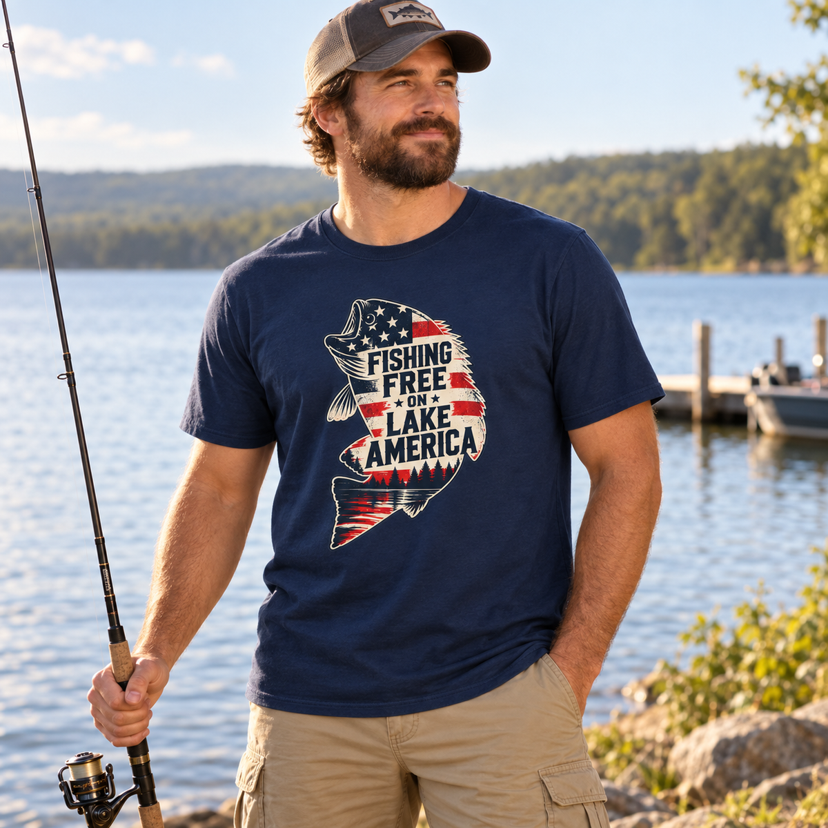 Fishing Free on Lake America bass shirt lakeside lifestyle mockup