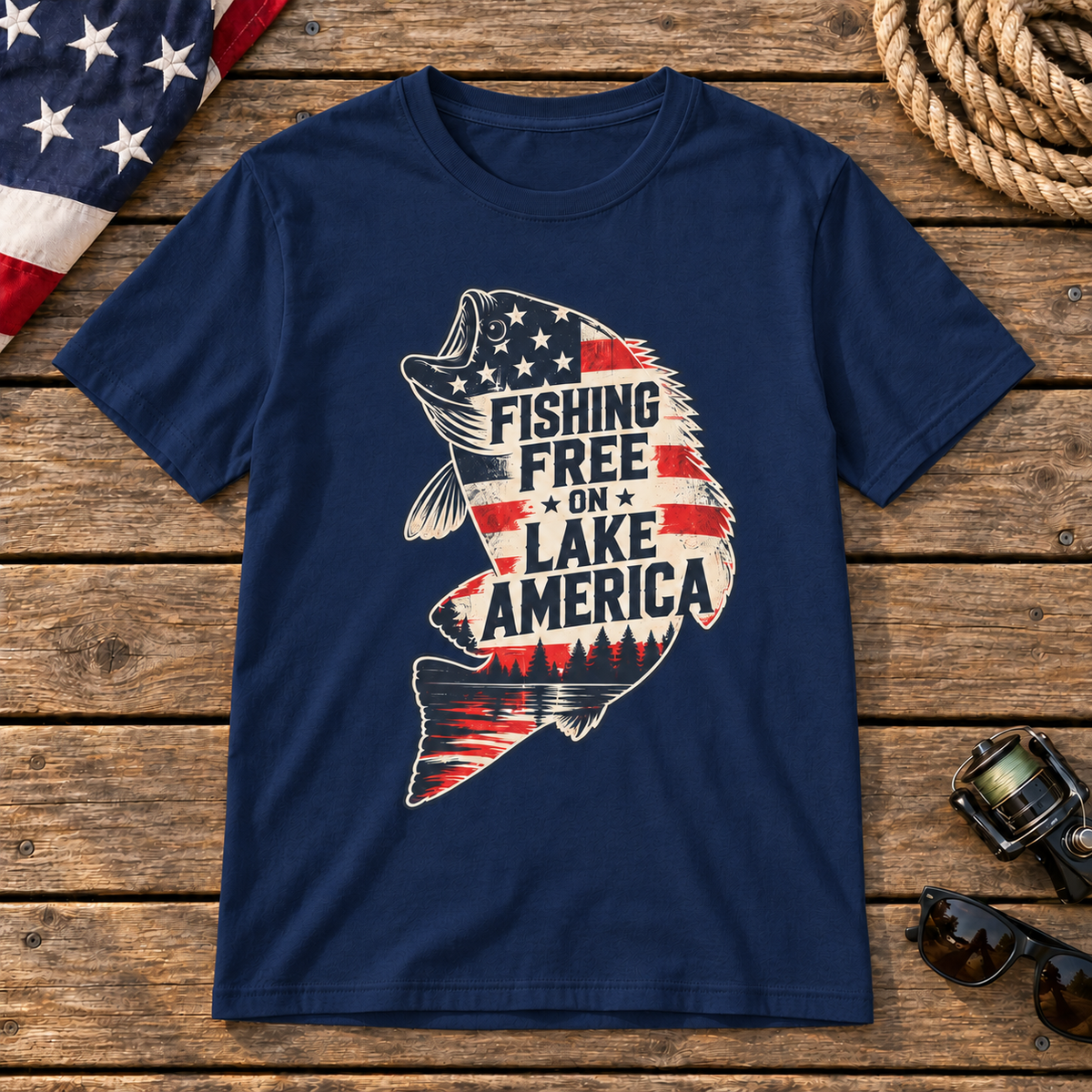 Fishing Free on Lake America bass shirt in Navy Blue on a wooden dock background