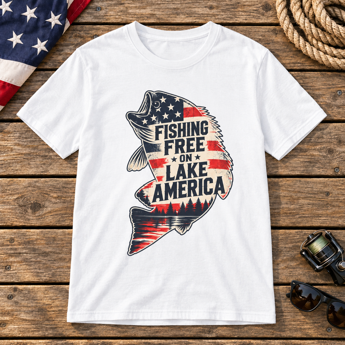 Fishing Free on Lake America bass shirt in White on a wooden dock background