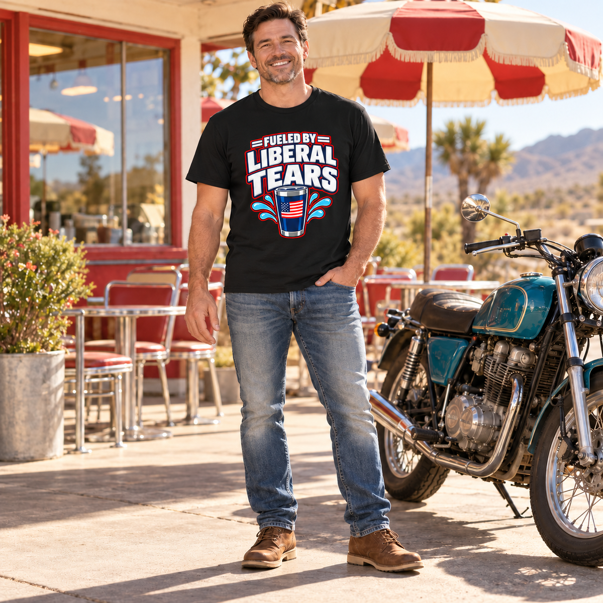 Fueled by Liberal Tears Tumbler Shirt in Black, full-body lifestyle mockup