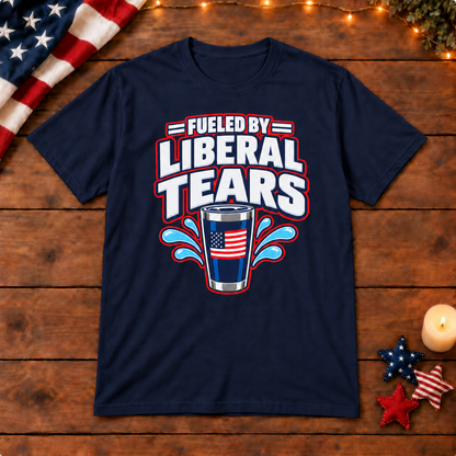 Fueled by Liberal Tears Tumbler Shirt in Navy Blue, on patriotic wooden background