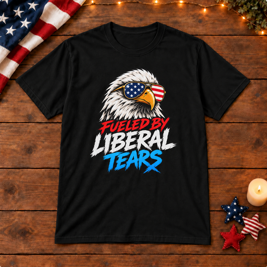 Fueled by Liberal Tears Eagle Shirt in Black, on patriotic wooden background
