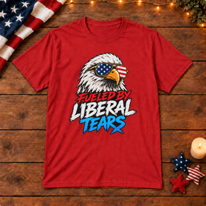 Fueled by Liberal Tears Eagle Shirt in Red, on patriotic wooden background