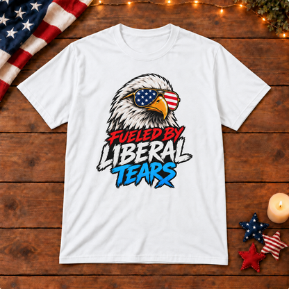 Fueled by Liberal Tears Eagle Shirt in White, on patriotic wooden background