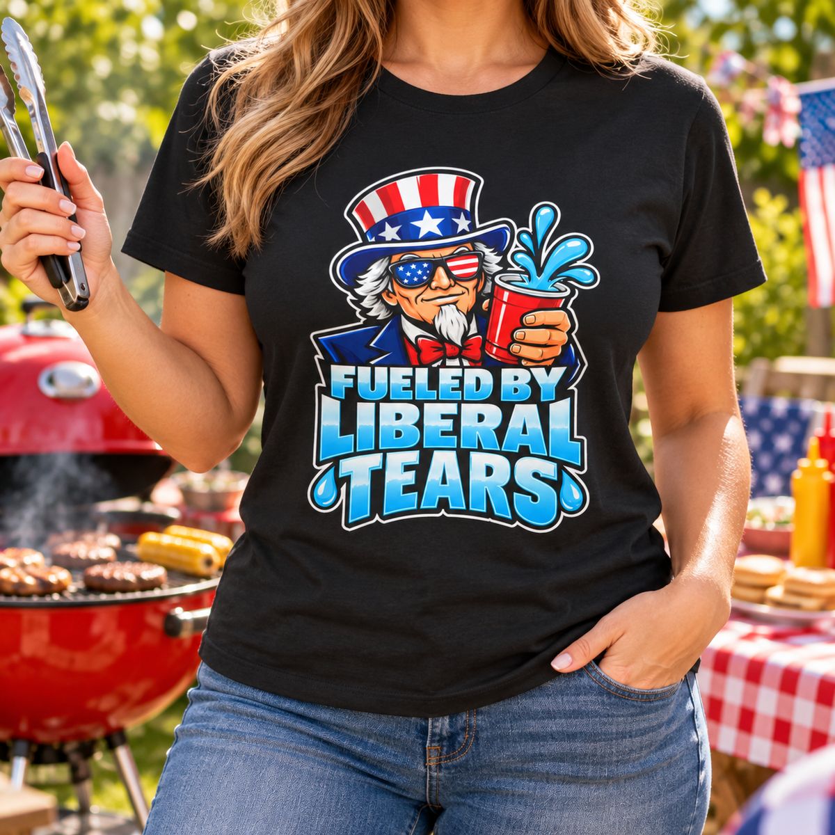 Fueled by Liberal Tears Uncle Sam Shirt in Black, faceless chest close-up