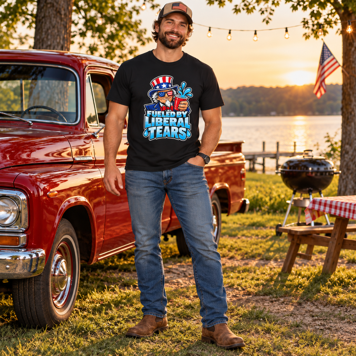 Fueled by Liberal Tears Uncle Sam Shirt in Black, full-body lifestyle mockup