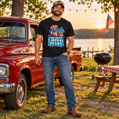 Fueled by Liberal Tears Uncle Sam Shirt in Black, full-body lifestyle mockup