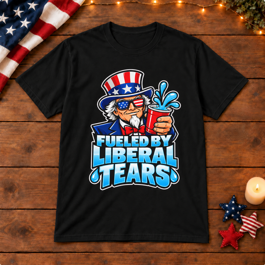 Fueled by Liberal Tears Uncle Sam Shirt in Black, on patriotic wooden background