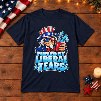 Fueled by Liberal Tears Uncle Sam Shirt in Navy Blue, on patriotic wooden background