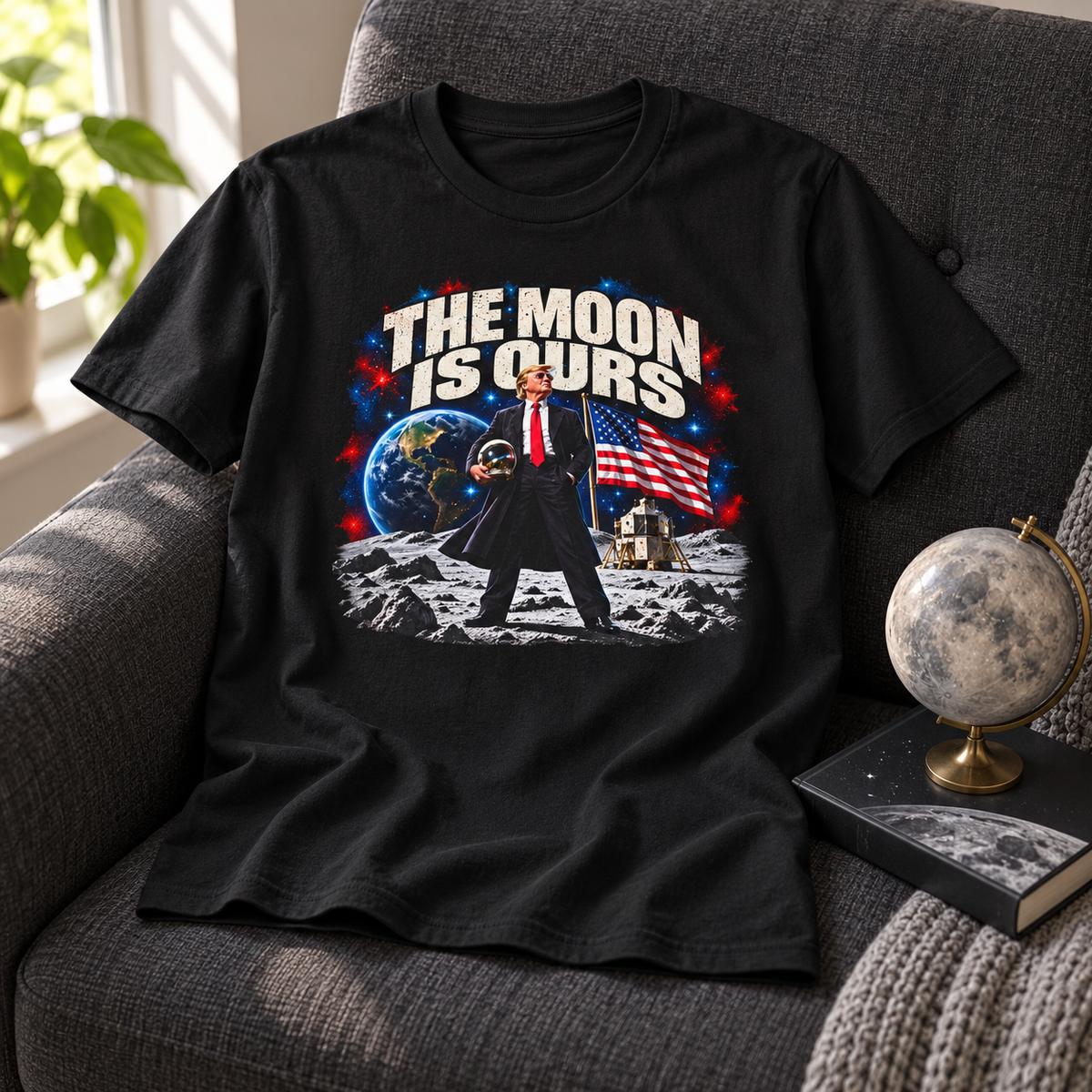 The Moon Is Ours Black T-shirt chair mockup