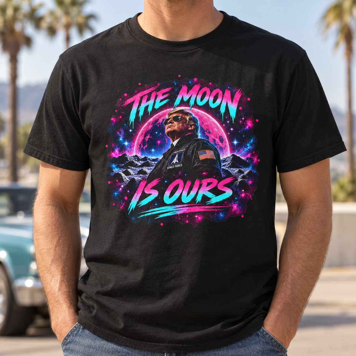 The Moon Is Ours neon pilot Black T-shirt chest mockup