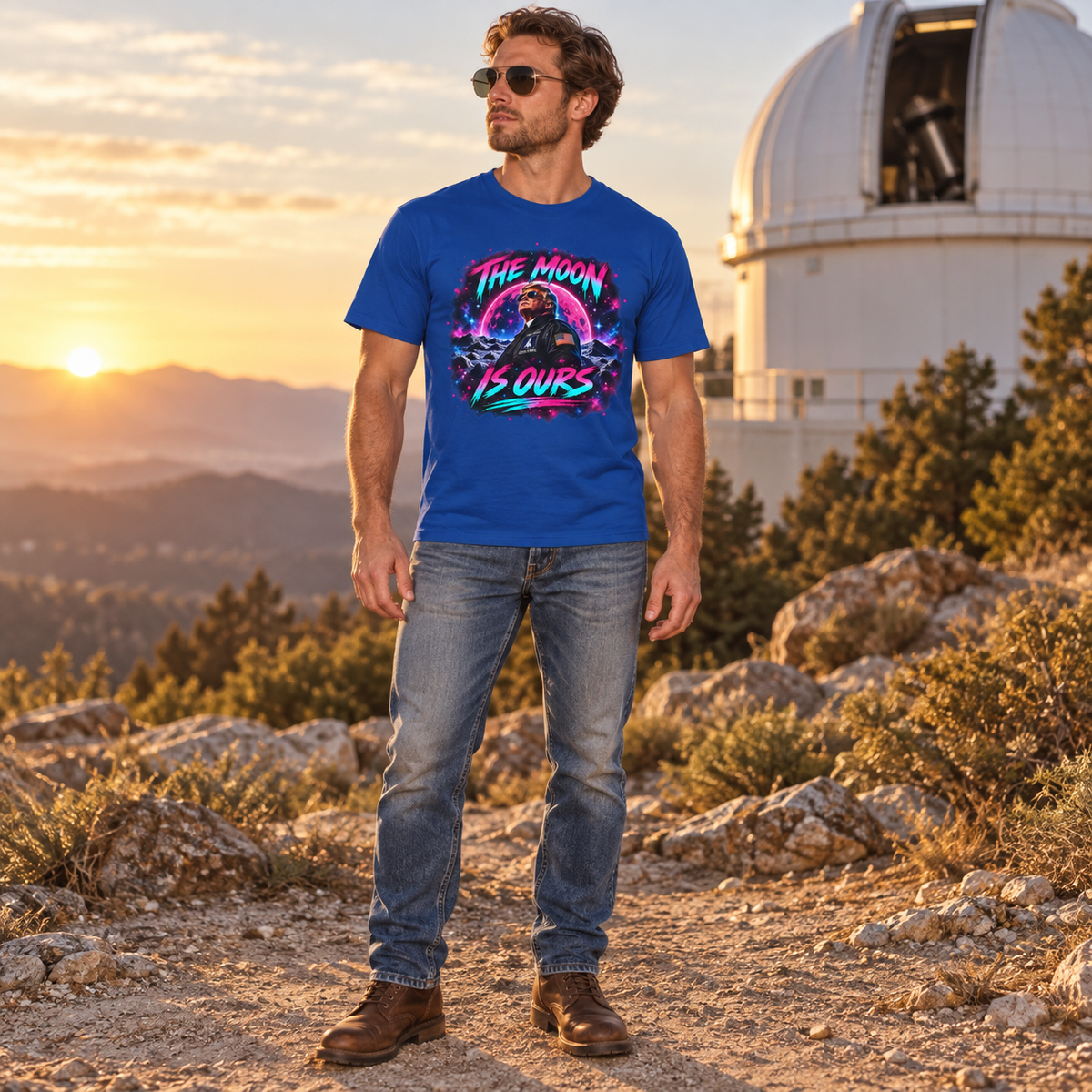 The Moon Is Ours neon pilot Royal T-shirt full-body mockup