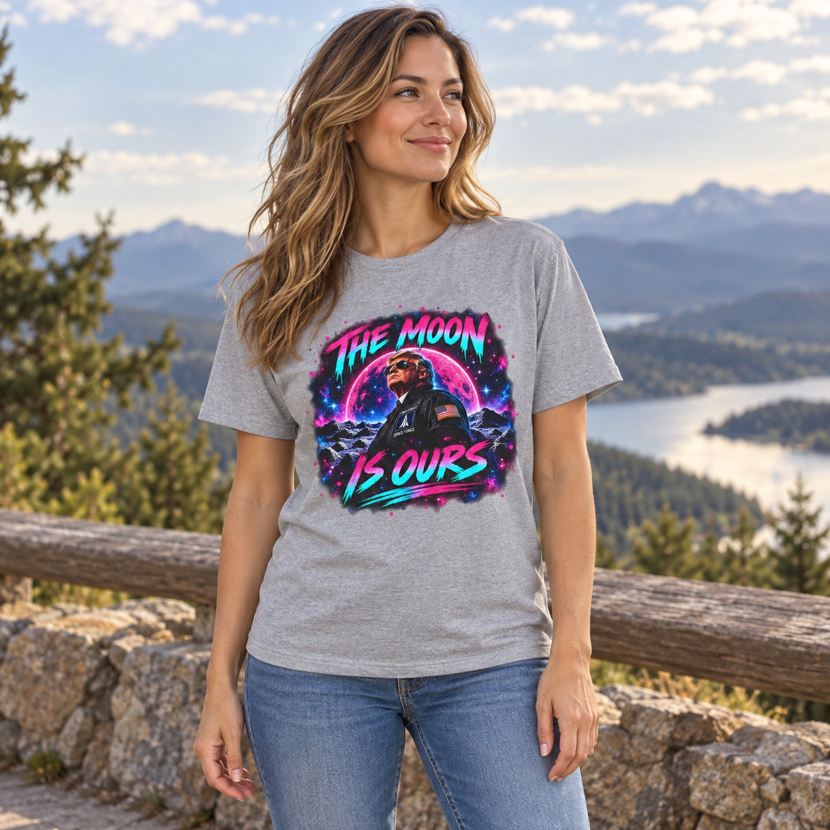 The Moon Is Ours neon pilot Sport Grey T-shirt lifestyle mockup