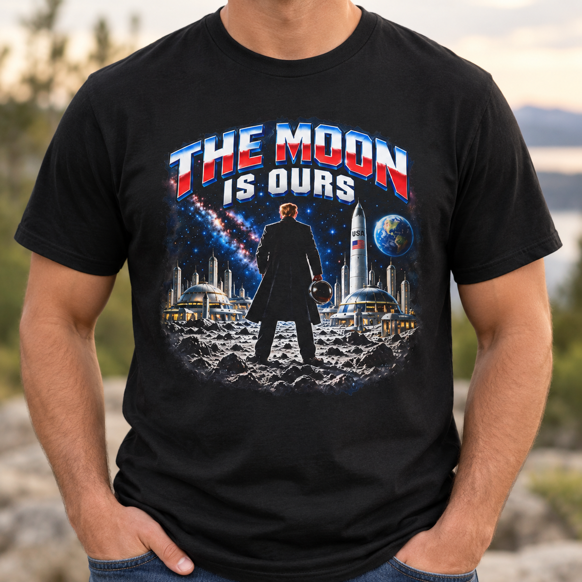 The Moon Is Ours moon base Black T-shirt chest mockup