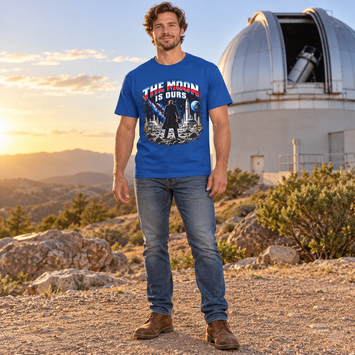 The Moon Is Ours moon base Royal T-shirt full-body mockup