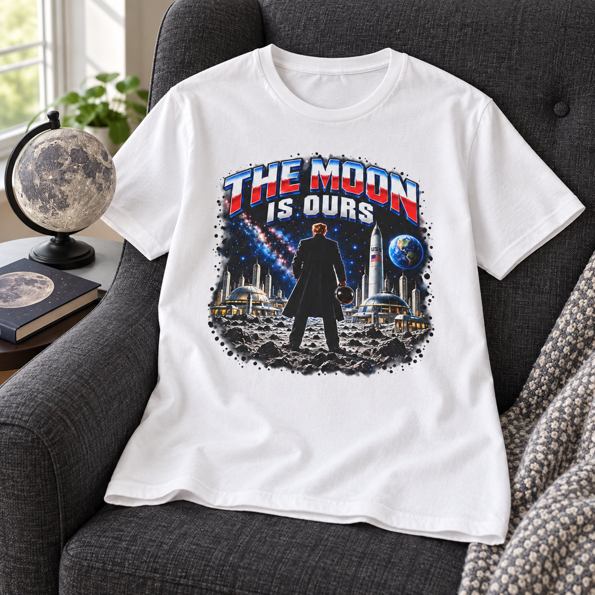 The Moon Is Ours moon base White T-shirt chair mockup