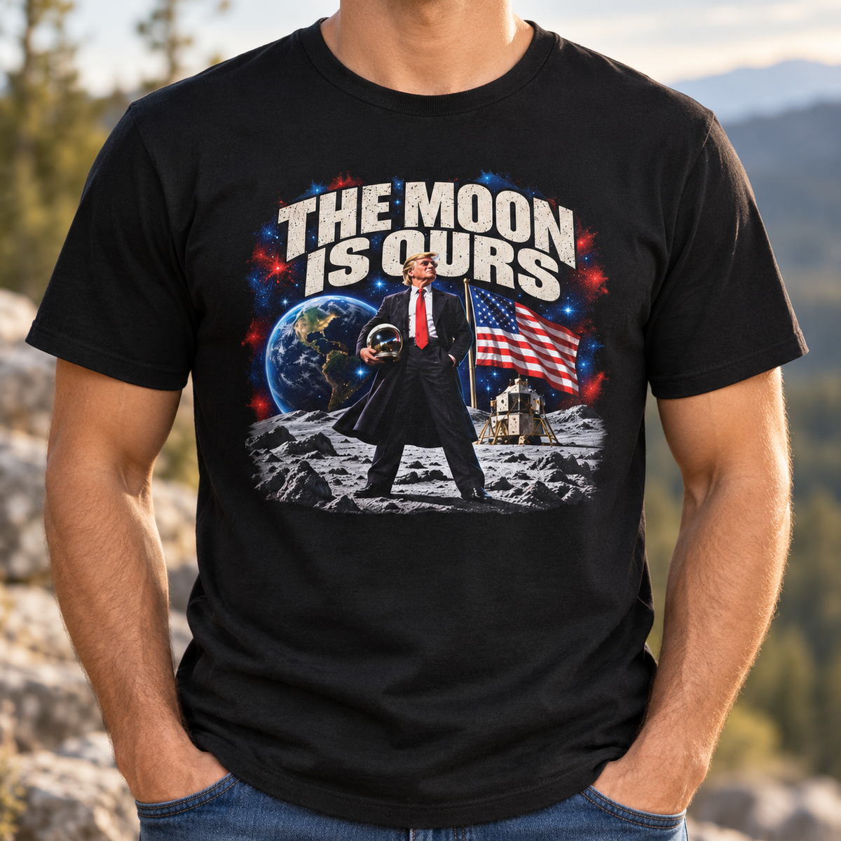 The Moon Is Ours black T-shirt chest close-up