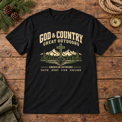 God & Country Outdoors Shirt — Black outdoor wooden background