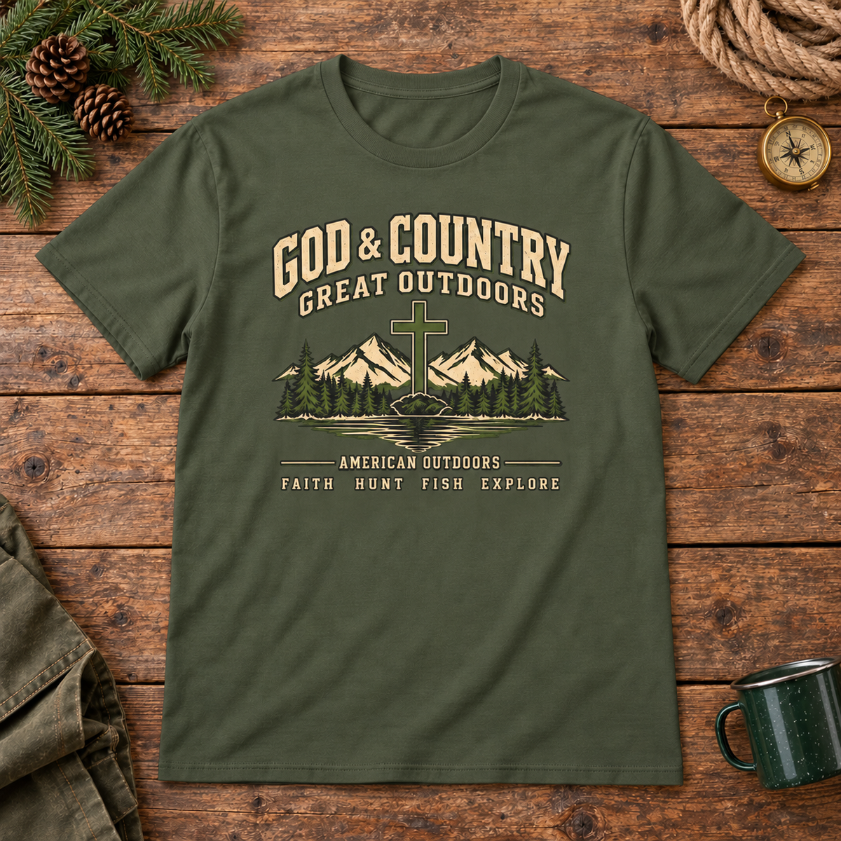 God & Country Outdoors Shirt — Olive Green outdoor wooden background