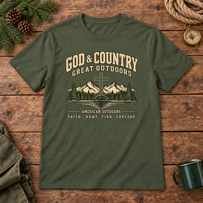 God & Country Outdoors Shirt — Olive Green outdoor wooden background