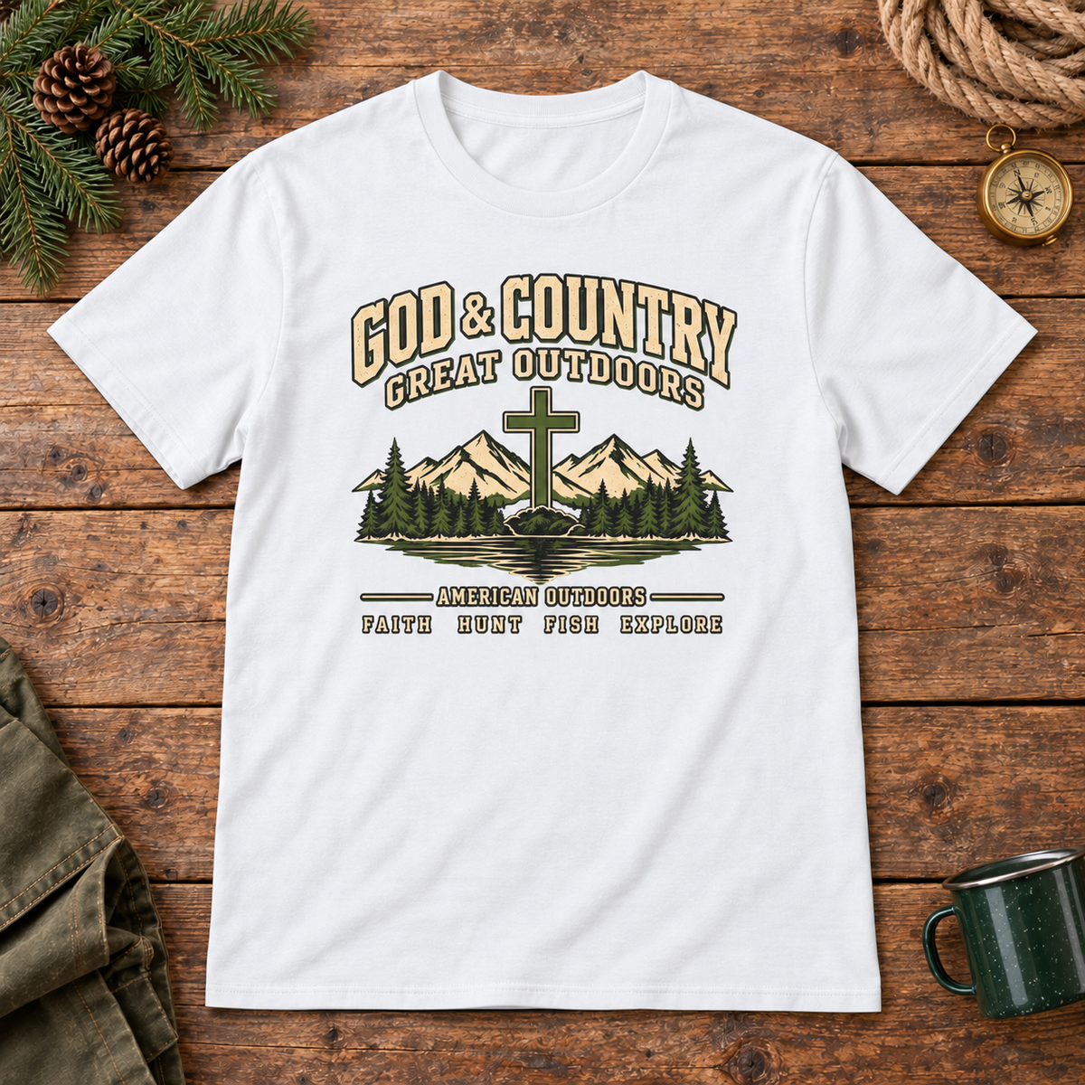 God & Country Outdoors Shirt — White outdoor wooden background