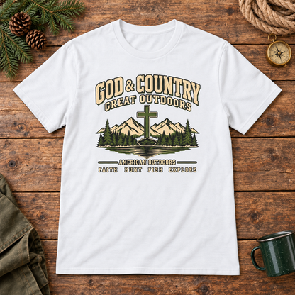 God & Country Outdoors Shirt — White outdoor wooden background