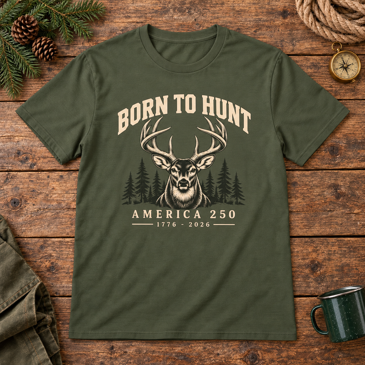 Born to Hunt Shirt — Olive Green outdoor wooden background