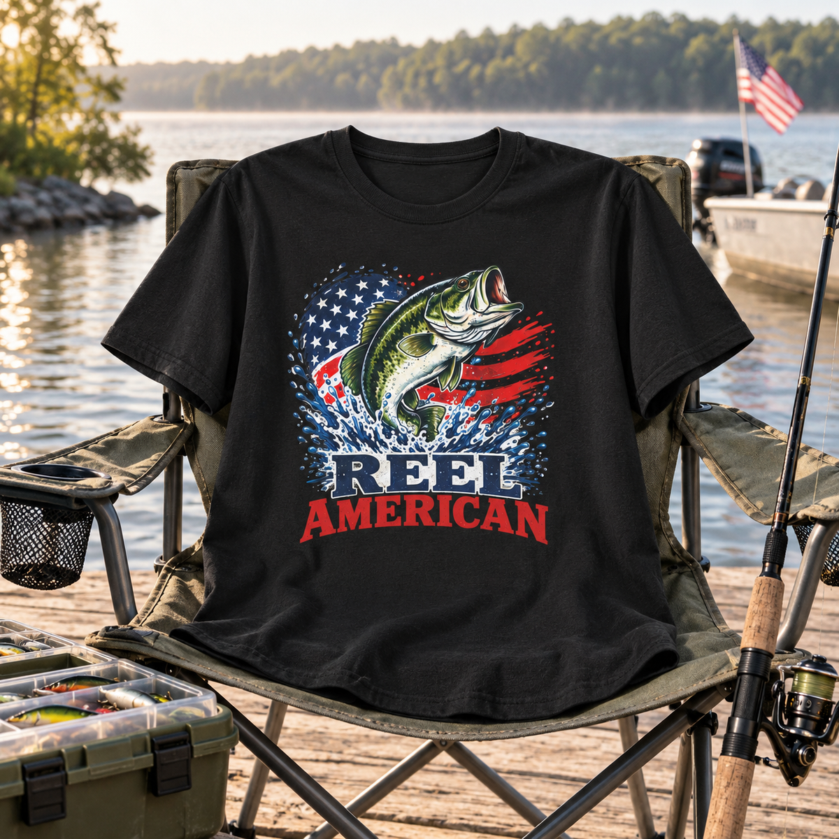 Reel American Fishing in Black, shirt display