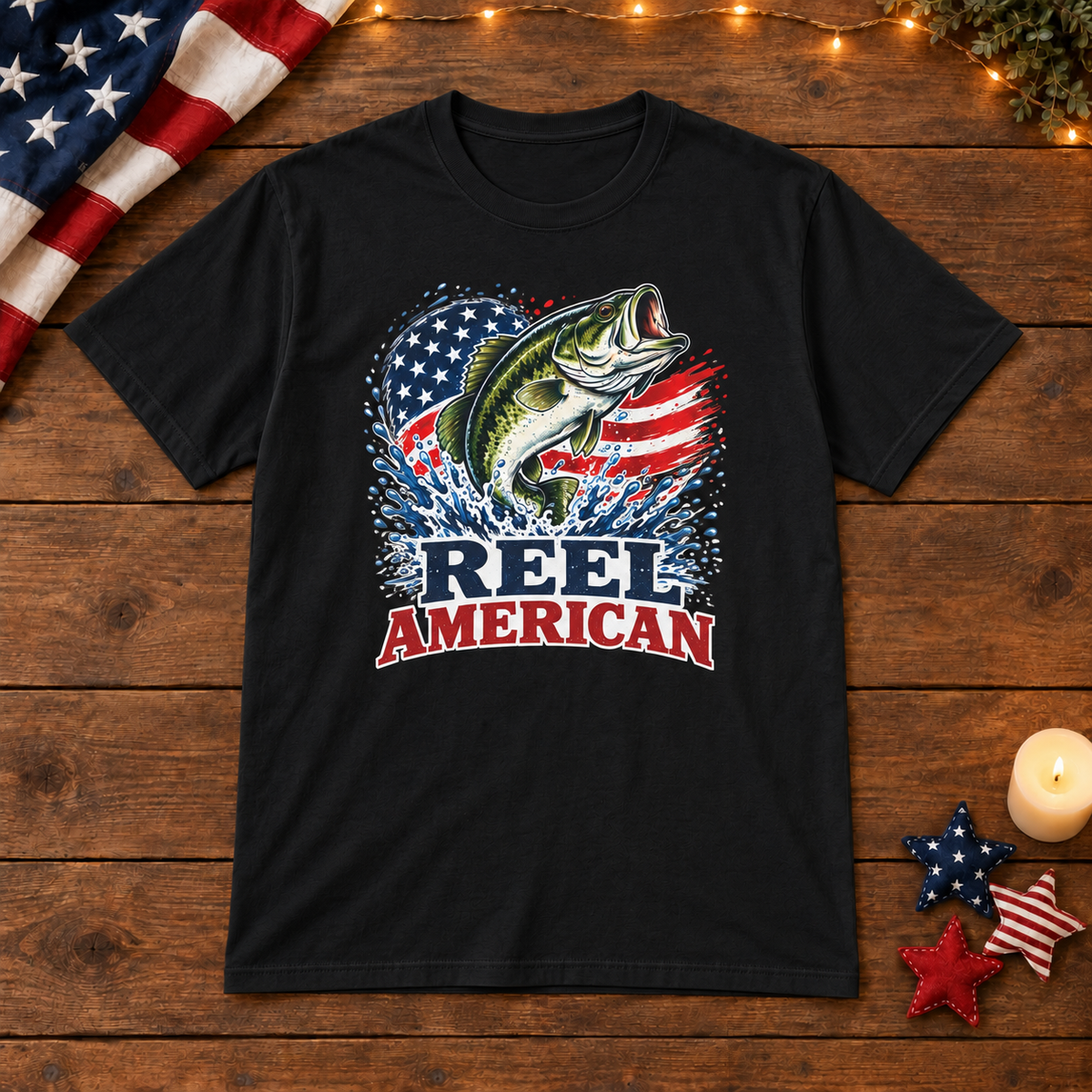 Reel American Fishing in Black, patriotic wooden flat lay