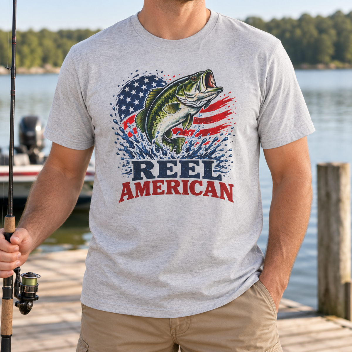 Reel American Fishing in Gray, chest detail
