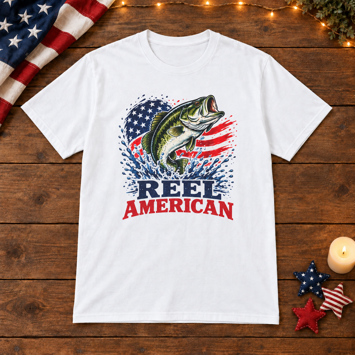 Reel American Fishing in White, patriotic wooden flat lay