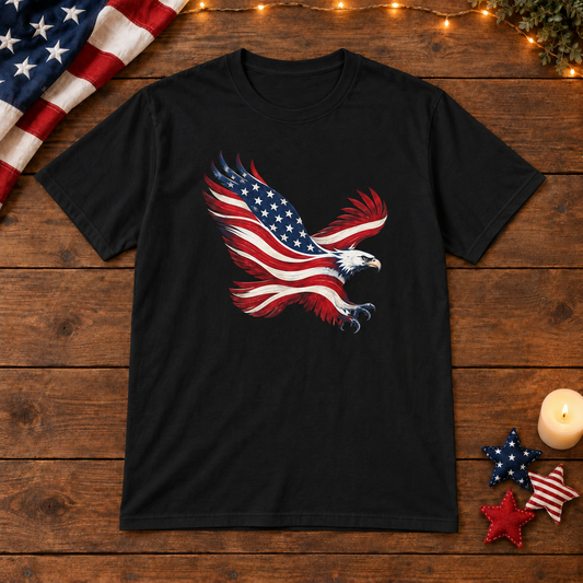American Flag Eagle in Black, patriotic wooden flat lay
