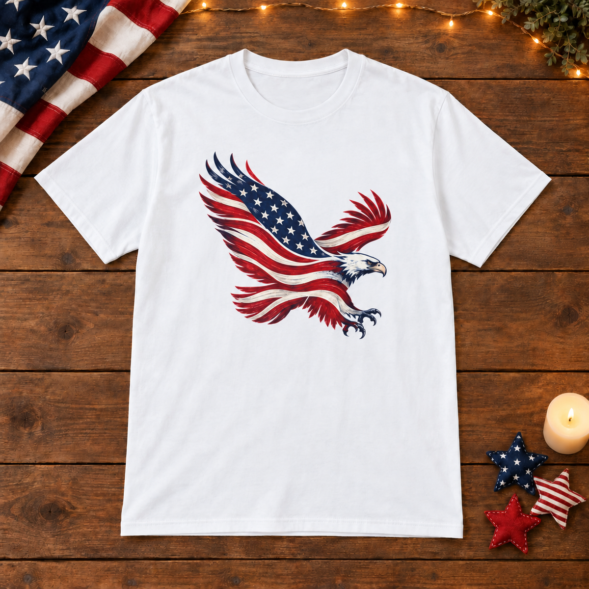 American Flag Eagle in White, patriotic wooden flat lay
