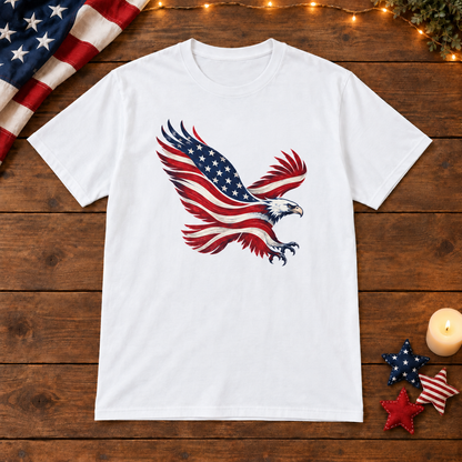 American Flag Eagle in White, patriotic wooden flat lay