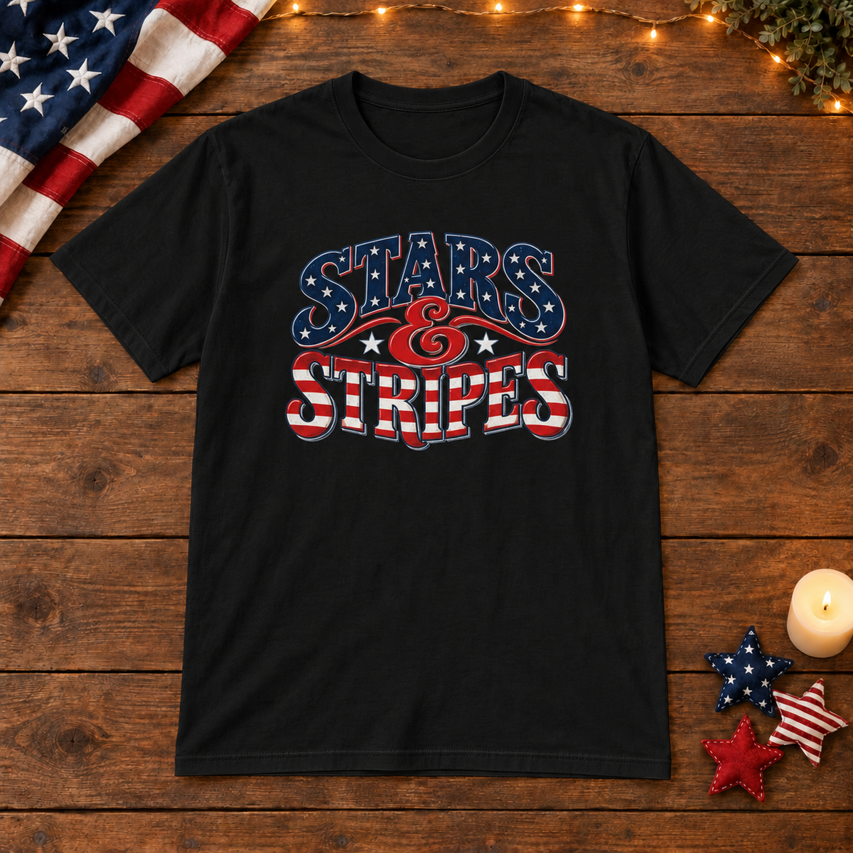 Stars & Stripes in Black, patriotic wooden flat lay