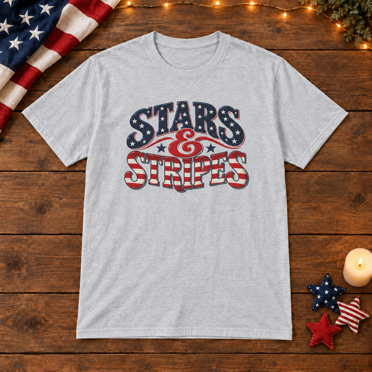 Stars & Stripes in Gray, patriotic wooden flat lay