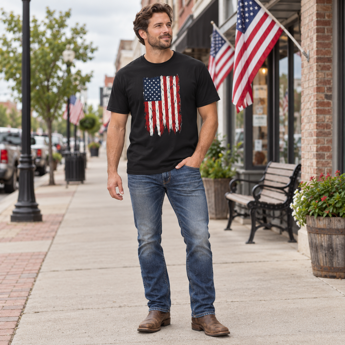 Distressed American Flag T‑Shirt — Vintage USA Patriotic Tee in Black, full body outfit