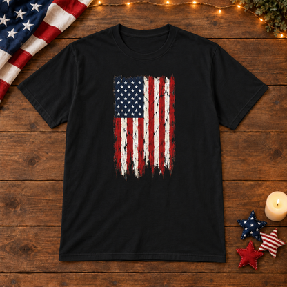 Distressed American Flag T‑Shirt — Vintage USA Patriotic Tee in Black, patriotic wooden flat lay
