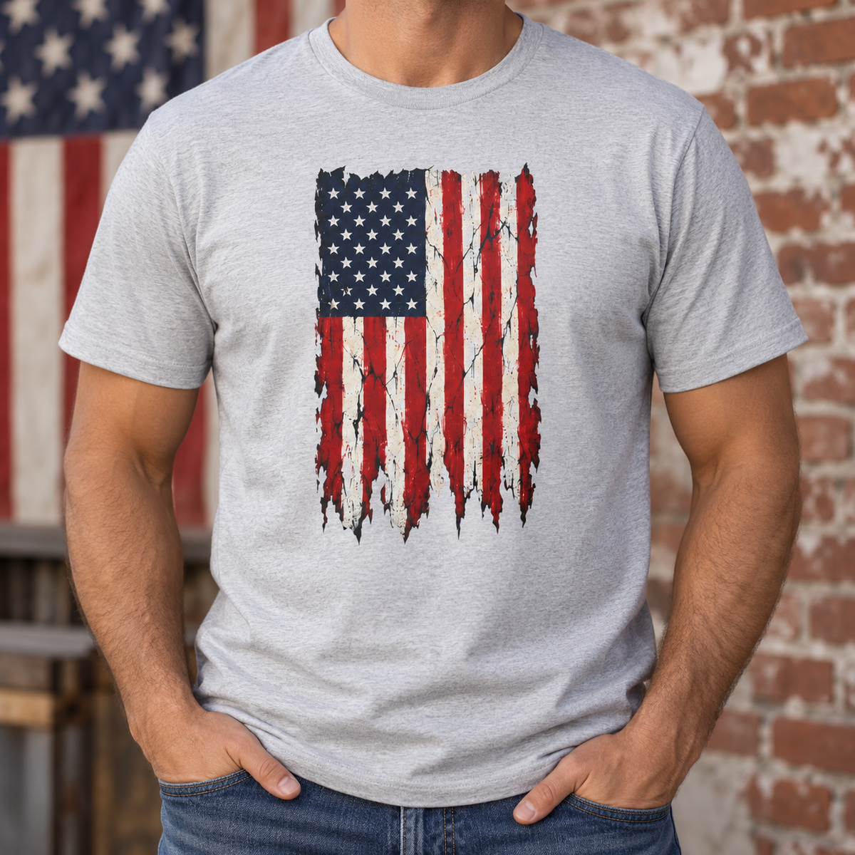 Distressed American Flag T‑Shirt — Vintage USA Patriotic Tee in Gray, chest detail