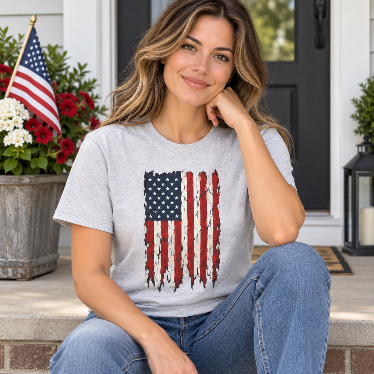 Distressed American Flag T‑Shirt — Vintage USA Patriotic Tee in Gray, lifestyle photo